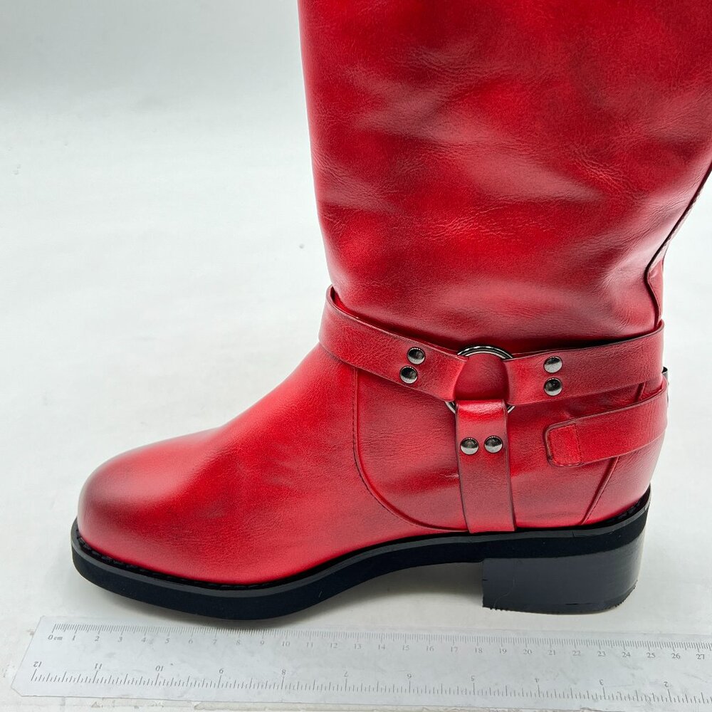 Women's Knee High Boots Low Flat Heel Winter Boot Adjustable Buckles Boots Red